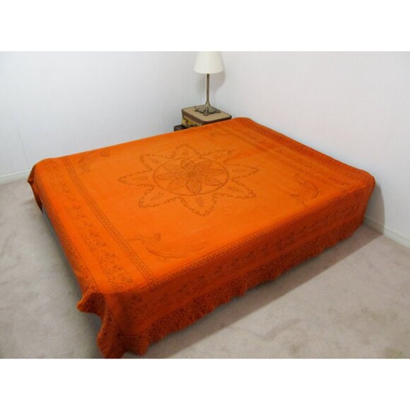 Primitive handmade orange double blanket, antique rustic wool throw blanket, - Picture 4 of 10